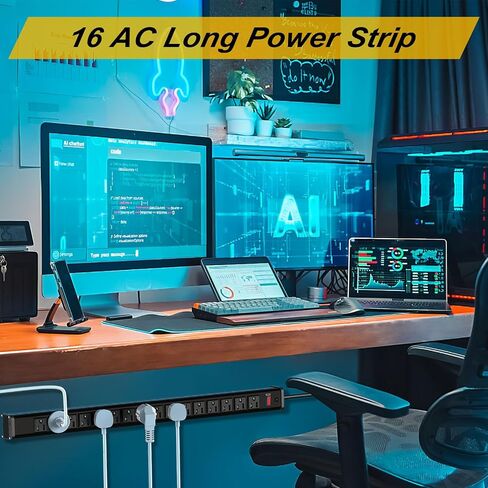 16 Outlet Long Power Strip, Heavy Duty Metal Power Strip with Overload Circuit Breaker, 10 FT Long Cord Power Strip for Workbench/Industrial/Shop/Commercial/Garage, ETL Listed in Saudi Arabia