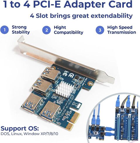 بطاقة Dracaena PCI Express Multiplier Riser، PCIe 1 إلى 4 فتحات PCI-Express 16X بطاقة Riser PCI-E 1X إلى بطاقة محول 4 PCIE 1-4 خارجية (16X) in Kuwait