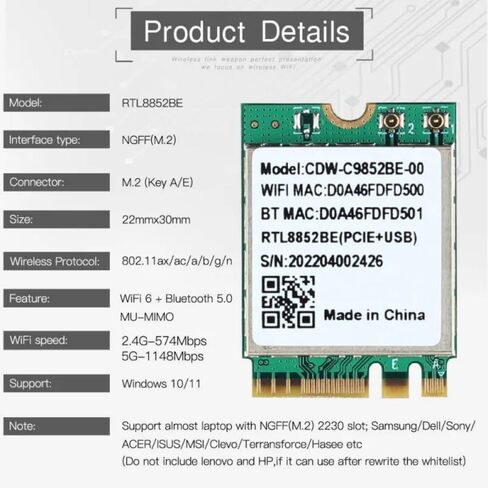 WayPonDEV Wi-Fi 6 وحدة CDW-C9852BE Realtek RTL8852BE NGFF M.2 2230 بطاقة WiFi 2.4G/5 جيجا هرتز WiFi بلوتوث 5.0 لـ youyeetoo X1 X86-SBC in Saudi Arabia