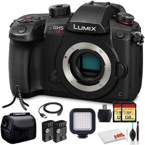 Panasonic Lumix DC-GH5S Mirrorless Digital Camera (DC-GH5S) - Bundle - with 2 x Sony 128GB Tough SD Card + LED Light + DMW-BLF19 Battery + Soft Bag + 12 Inch Flexible Tripod + Cleaning Set + More