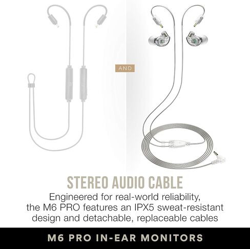 MEE audio M6 PRO In Ear Monitor Headphones for Musicians, 2nd Gen Model With Upgraded Sound, Memory Wire Earhooks & Replaceable Cables, Noise Isolating Professional Earbuds, 2 Cords Included (Clear) in Kuwait