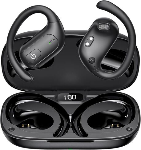 سماعات أذن بلوتوث مفتوحة من fojep، سماعات أذن لاسلكية مع ميكروفون لإلغاء الضوضاء، سماعات أذن مفتوحة للتحكم باللمس لمدة 52 ساعة، صوت ممتاز، شاشة LED، مقاومة للتعرق IPX5 للجري وركوب الدراجات والقيادة in Kuwait