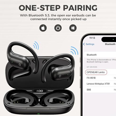 سماعات أذن بلوتوث مفتوحة من fojep، سماعات أذن لاسلكية مع ميكروفون لإلغاء الضوضاء، سماعات أذن مفتوحة للتحكم باللمس لمدة 52 ساعة، صوت ممتاز، شاشة LED، مقاومة للتعرق IPX5 للجري وركوب الدراجات والقيادة in Kuwait