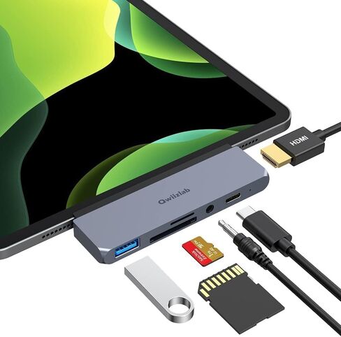 كويزلاب موزع USB C، محول 6 في 1 مع HDMI 4K PD 60 واط USB 3.0 قارئ بطاقات SD/microSD 3.5 ملم مقبس سماعة راس لايباد برو M1/M2 وايباد اير M1 وايباد ميني 6 in Kuwait