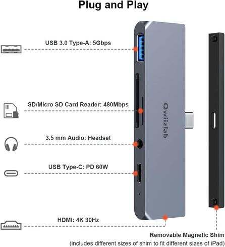 كويزلاب موزع USB C، محول 6 في 1 مع HDMI 4K PD 60 واط USB 3.0 قارئ بطاقات SD/microSD 3.5 ملم مقبس سماعة راس لايباد برو M1/M2 وايباد اير M1 وايباد ميني 6 in Kuwait