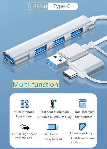 USB C إلى USB Hub 4 منافذ، Siawclub USB 3.0 Hub مع محول من النوع C إلى USB، Thunderbolt 3 إلى USB Hub متوافق مع Thunderbolt 4 MacBook Pro، Pad Pro، Mac، Surface، فضي in Kuwait