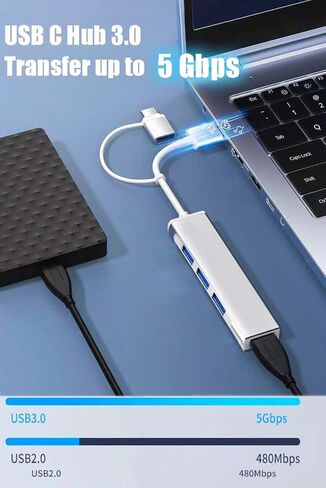 USB C إلى USB Hub 4 منافذ، Siawclub USB 3.0 Hub مع محول من النوع C إلى USB، Thunderbolt 3 إلى USB Hub متوافق مع Thunderbolt 4 MacBook Pro، Pad Pro، Mac، Surface، فضي in Kuwait
