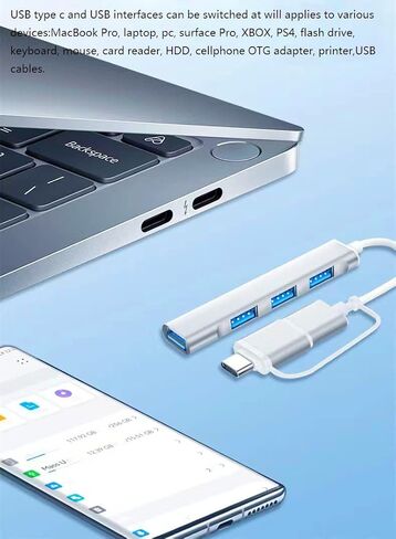 USB C إلى USB Hub 4 منافذ، Siawclub USB 3.0 Hub مع محول من النوع C إلى USB، Thunderbolt 3 إلى USB Hub متوافق مع Thunderbolt 4 MacBook Pro، Pad Pro، Mac، Surface، فضي in Kuwait