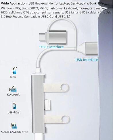 USB C إلى USB Hub 4 منافذ، Siawclub USB 3.0 Hub مع محول من النوع C إلى USB، Thunderbolt 3 إلى USB Hub متوافق مع Thunderbolt 4 MacBook Pro، Pad Pro، Mac، Surface، فضي in Kuwait