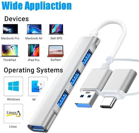 USB C إلى USB Hub 4 منافذ، Siawclub USB 3.0 Hub مع محول من النوع C إلى USB، Thunderbolt 3 إلى USB Hub متوافق مع Thunderbolt 4 MacBook Pro، Pad Pro، Mac، Surface، فضي in Kuwait