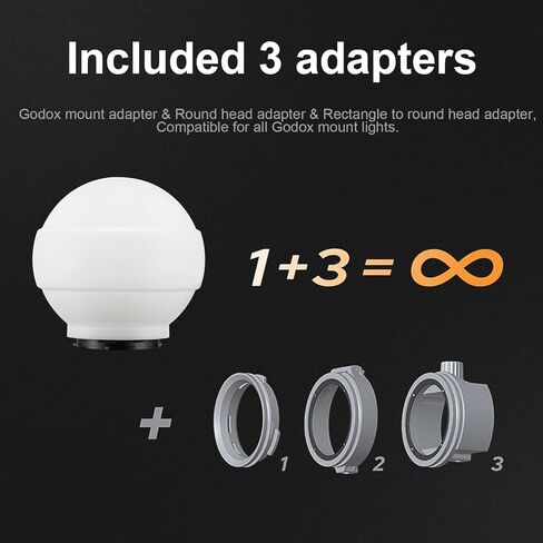 مجموعة Godox ML-CD15 Diffusion Dome Kit مع 3 محولات، ناشر ضوء الفلاش، متوافق مع Godox V1C V1S V1N ML30 ML60 ML60Bi AD200 AD200PRO وغيرها من مصابيح غودوكس in Kuwait