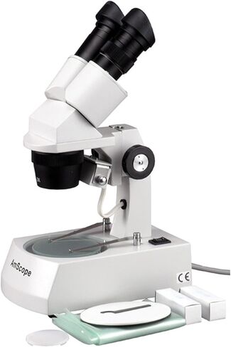 AmScope SE305-AX مجهر ستيريو ثنائي العينين، عدسات WF5x وWF10x، تكبير 5X/10X/15X/30X، أهداف 1X و3X، إضاءة هالوجين علوية وسفلية، لوحة مسرح سوداء/بيضاء قابلة للعكس، حامل ذراع، 120 فولت in Saudi Arabia