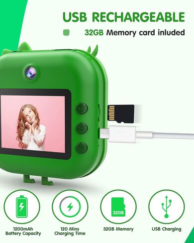 طباعة فورية لكاميرا الأطفال من Kizeefun: كاميرا للأطفال مزودة بكاميرا أمامية وخلفية لالتقاط صور سيلفي وتسجيل فيديو تتضمن بطاقة SD سعة 32 جيجابايت in Kuwait