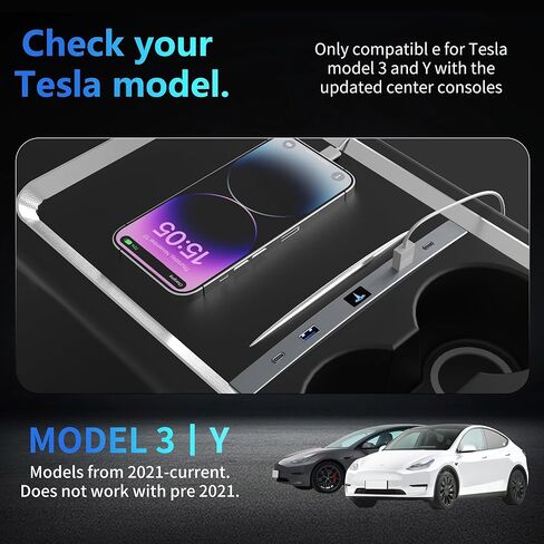 موزع USB نوع C من ووردما، متوافق مع وحدة التحكم المركزية تيسلا موديل Y/3 2021-2023، يدعم الشحن السريع بمنفذ USB ونوع C وبيانات USB in Kuwait