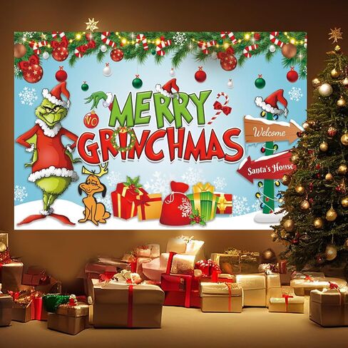 Merry Grinchmas Backdrop Merry Grinchmas Photography Background Grinchmas Christmas Decorations Supplies Kids Banner Photo Booth Props in Kuwait
