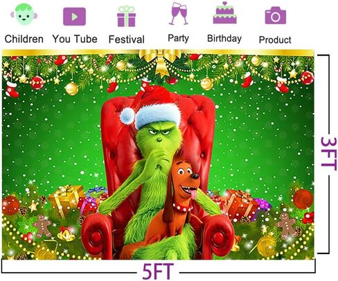 Green Christmas Backdrop for Party Supplies 5x3ft Grinch and Dog Photo Background Merry Christmas Photography Backdrop Grinchmas Banner in Saudi Arabia