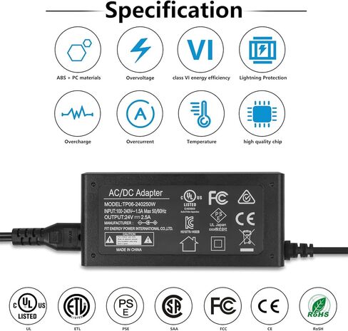 محول إمداد الطاقة 24 فولت 2.5 أمبير 60 وات مدرج في قائمة UL، سلك شاحن 24 فولت تيار مستمر مع قابس تيار مستمر 5.5 × 2.5 مم لشريط صوت Vizio، وشرائط LED، وأداة القطع الإلكترونية Silhouette Cameo، وطابعة كاتب الملصقات، وكاميرا CCTV in Kuwait