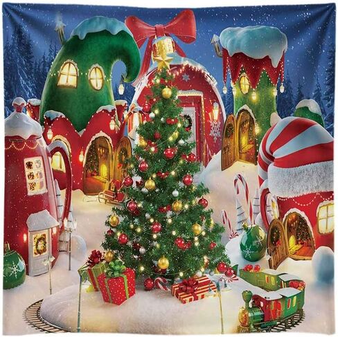 Funnytree 10x8FT الكرتون عيد الميلاد قرية التصوير خلفية الشتاء المقصورة الثلوج شجرة الصنوبر خلفية عيد الميلاد خرافة الرسوم المتحركة طفل الجليد حزب صور كشك راية الإمدادات دائم النسيج الناعم in Kuwait