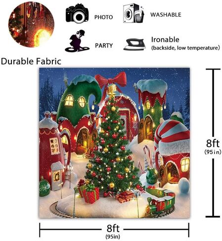 Funnytree 10x8FT الكرتون عيد الميلاد قرية التصوير خلفية الشتاء المقصورة الثلوج شجرة الصنوبر خلفية عيد الميلاد خرافة الرسوم المتحركة طفل الجليد حزب صور كشك راية الإمدادات دائم النسيج الناعم in Kuwait