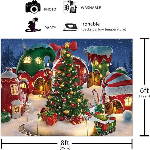 Funnytree 10x8FT الكرتون عيد الميلاد قرية التصوير خلفية الشتاء المقصورة الثلوج شجرة الصنوبر خلفية عيد الميلاد خرافة الرسوم المتحركة طفل الجليد حزب صور كشك راية الإمدادات دائم النسيج الناعم in Kuwait