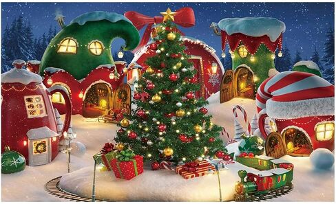 Funnytree 10x8FT الكرتون عيد الميلاد قرية التصوير خلفية الشتاء المقصورة الثلوج شجرة الصنوبر خلفية عيد الميلاد خرافة الرسوم المتحركة طفل الجليد حزب صور كشك راية الإمدادات دائم النسيج الناعم in Kuwait