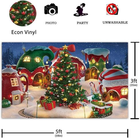 Funnytree 10x8FT الكرتون عيد الميلاد قرية التصوير خلفية الشتاء المقصورة الثلوج شجرة الصنوبر خلفية عيد الميلاد خرافة الرسوم المتحركة طفل الجليد حزب صور كشك راية الإمدادات دائم النسيج الناعم in Kuwait