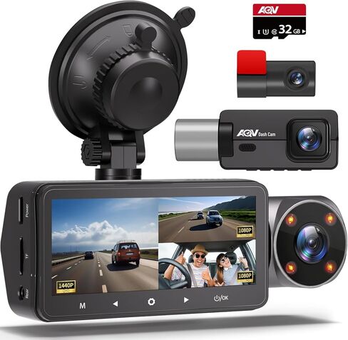 كاميرا AQV Dash Cam للسيارات 2K 1440P+1080P+1080P Dashcam أمامية وخلفية وداخلية 3 قنوات كاميرا سيارة مع رؤية ليلية بالأشعة تحت الحمراء، ومراقبة وقوف السيارات، وكاميرا عكسية، ومستشعر G، وتسجيل حلقة، WDR، بحد أقصى 128 جيجابايت in Kuwait