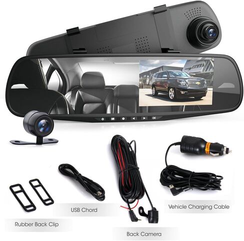 Pyle Dash Cam Rearview Mirror - 4.3" DVR Monitor Rear View Dual Camera Video Recording System in Full HD 1080p w/ Built in G-Sensor Motion Detect Parking Control Loop Record Support - PLCMDVR49 in Saudi Arabia
