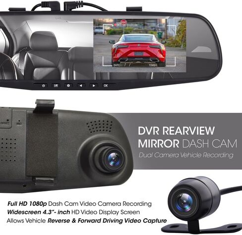 Pyle Dash Cam Rearview Mirror - 4.3" DVR Monitor Rear View Dual Camera Video Recording System in Full HD 1080p w/ Built in G-Sensor Motion Detect Parking Control Loop Record Support - PLCMDVR49 in Saudi Arabia