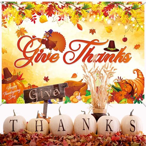 خلفية عيد الشكر من ouksma تعطي خلفية شكرًا لديكورات حفلات عيد الشكر وديكورات القيقب التركي وديكورات القيقب للتصوير الفوتوغرافي خلفية الخريف (7x5FT، برتقالي تعطي الشكر) in Kuwait