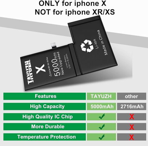 TAYUZH [5000mAh] Battery for iPhone X High Capacity New 0 Cycle Replacement Battery for iPhone X A1865, A1901, A1902 with Installation Manual and Professional Repair Tools Kits in Kuwait