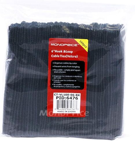 Monoprice Hook and Loop Fastening Cable Ties - 6 Inch, 50 Piece Bulk Pack, With Eye Hole For Hanging, Black in Kuwait