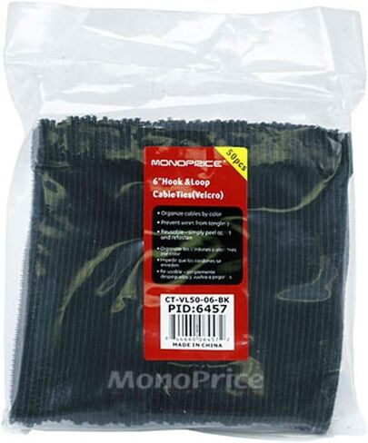 Monoprice Hook and Loop Fastening Cable Ties - 6 Inch, 50 Piece Bulk Pack, With Eye Hole For Hanging, Black in Kuwait