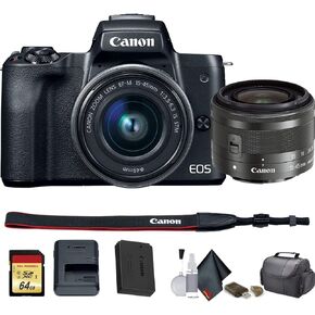 كاميرا Canon EOS M50 الرقمية لمدونات الفيديو بدون مرآة مع عدسة مقاس 15-45 مم + حقيبة كاميرا + بطاقة ذاكرة سعة 64 جيجابايت + مجموعة تنظيف + المزيد (الطراز الدولي) (2680C011) - حزمة المبتدئين (متجددة) in Kuwait