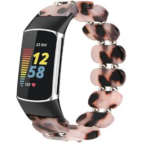 Wongeto Compatible with fitbit Charge 5 / Charge 6 Bands Women Men,Tortoise Shell Stretchy Cute Solo Loop Strap Waterproof Replacement Wristbands Bracelet with Meads for Fitbit Charge 5