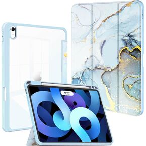 حافظة Feams لجهاز iPad Air الجيل الخامس، خفيفة الوزن قابلة للطي لجهاز iPad Air الجيل الخامس/الرابع مقاس 10.9 بوصة 2022/2020، غطاء خلفي شفاف مع خاصية النوم التلقائي وحامل أقلام لجهاز iPad Air 5/4، رخام ذهبي أرجواني