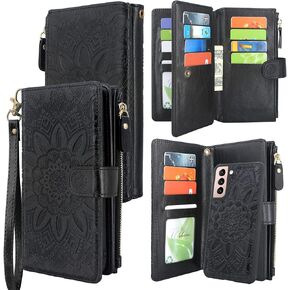 Harryshell Detachable Magnetic Zipper Wallet Leather Case Cash Pocket with 12 Card Slots Holder Wrist Strap for Samsung Galaxy S21 5G 6.2 Inch (2021) Floral Flower (Teal)