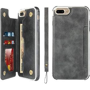 حافظة iCoverCase iPhone 8 Plus/7 Plus/6s Plus/6 Plus مع حامل فتحات للبطاقات وحزام معصم مصنوع من جلد البولي يوريثان الفاخر بمسند مغناطيسي وغطاء مقاوم للصدمات 5.5 بوصة (كاكي) in Kuwait