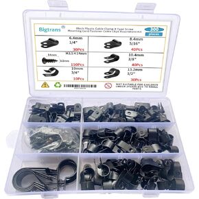 Bigtrans 300 Pcs Nylon Plastic R-Type Wire Clips with Screws 1/4" 5/16" 3/8" 1/2" 3/4" Clamps Fasteners Assortment for Cable Conduit -5 Size -Black in Kuwait