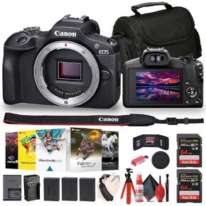 Canon EOS R100 Mirrorless Camera (6052C002) + Corel Software + Bag + 2 x 64GB Card + 2 x LPE17 Battery + Charger + LED Light + Card Reader + Flex Tripod + Cleaning Kit + Memory Wallet + More (Renewed)