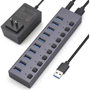 موزع USB 3.0 يعمل بالطاقة، مقسم موزع 10 منافذ، سرعة عالية 5 جيجابت في الثانية، غلاف من الألومنيوم مع مفاتيح تشغيل/إيقاف LED فردية، محول طاقة للكمبيوتر المحمول والكمبيوتر الشخصي in Kuwait