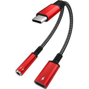 Asobilor USB Type C to 3.5mm Headphone and Charger Adapter, 2 in 1 Type C to Aux Audio Jack Hi-Res DAC and PD Fast Charge Dongle Cable Compatible with Most Type C Model (Red) in Saudi Arabia