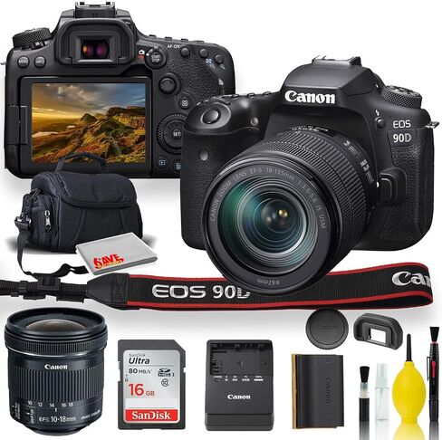 Canon EOS 90D DSLR Camera with 18-135mm Lens, Sigma 18-35mm, Canon EF-S 55-250mm, Canon EF-S 10-18mm, Soft Padded Case, Memory Card, More - Triple Lens Set (International Model) (Renewed) in Saudi Arabia