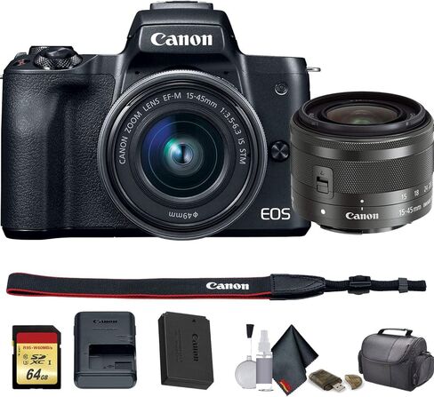 كاميرا Canon EOS M50 الرقمية لمدونات الفيديو بدون مرآة مع عدسة مقاس 15-45 مم + حقيبة كاميرا + بطاقة ذاكرة سعة 64 جيجابايت + مجموعة تنظيف + المزيد (الطراز الدولي) (2680C011) - حزمة المبتدئين (متجددة) in Kuwait