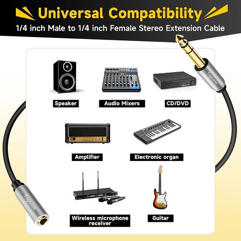 1/4 inch Extension Cable 4 Feet, 6.35mm 1/4" TRS Male to Female Stereo Adapter Jack，Quarter inch Headphone Guitar Extension Cable, Hi-Fi Sound, Gold Plated Connectors, Oxygen-Free Copper OFC in Kuwait