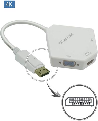 DP to HDMI VGA DVI Adapter Displayport to HDMI 4K Adapter 3 in 1 Display Port to HDMI VGA DVI Converter Male to Female Gold-Plated Diamond Shaped (White) in Saudi Arabia