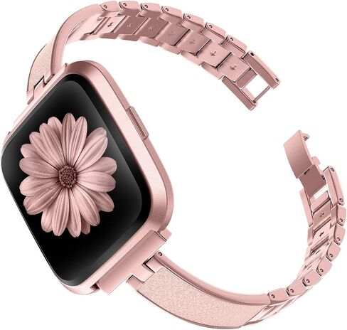 TOYOUTHS Stylish Bracelet Compatible with Fitbit Versa/Versa 2 Bands Women Slim Strap Replacement for Versa Lite Special Edition Stainless Steel Metal+Leather Accessories (Rose Gold+Pink) in Saudi Arabia