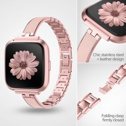 TOYOUTHS Stylish Bracelet Compatible with Fitbit Versa/Versa 2 Bands Women Slim Strap Replacement for Versa Lite Special Edition Stainless Steel Metal+Leather Accessories (Rose Gold+Pink) in Saudi Arabia