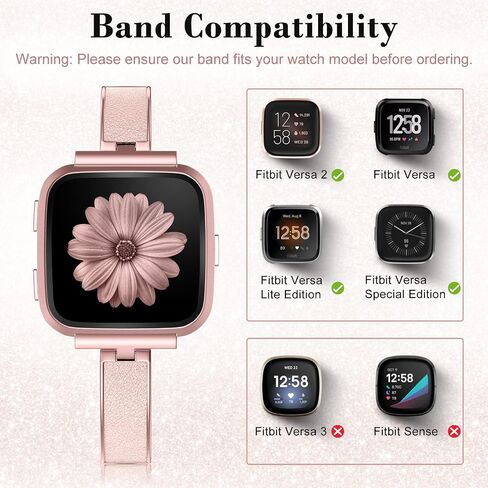 TOYOUTHS Stylish Bracelet Compatible with Fitbit Versa/Versa 2 Bands Women Slim Strap Replacement for Versa Lite Special Edition Stainless Steel Metal+Leather Accessories (Rose Gold+Pink) in Saudi Arabia
