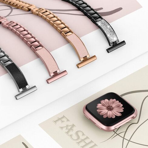 TOYOUTHS Stylish Bracelet Compatible with Fitbit Versa/Versa 2 Bands Women Slim Strap Replacement for Versa Lite Special Edition Stainless Steel Metal+Leather Accessories (Rose Gold+Pink) in Saudi Arabia